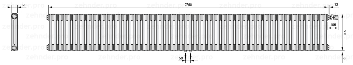 Схема (чертеж) Радиатор Zehnder Charleston 2050/60 №V008 Белый глянцевый RAL 9016